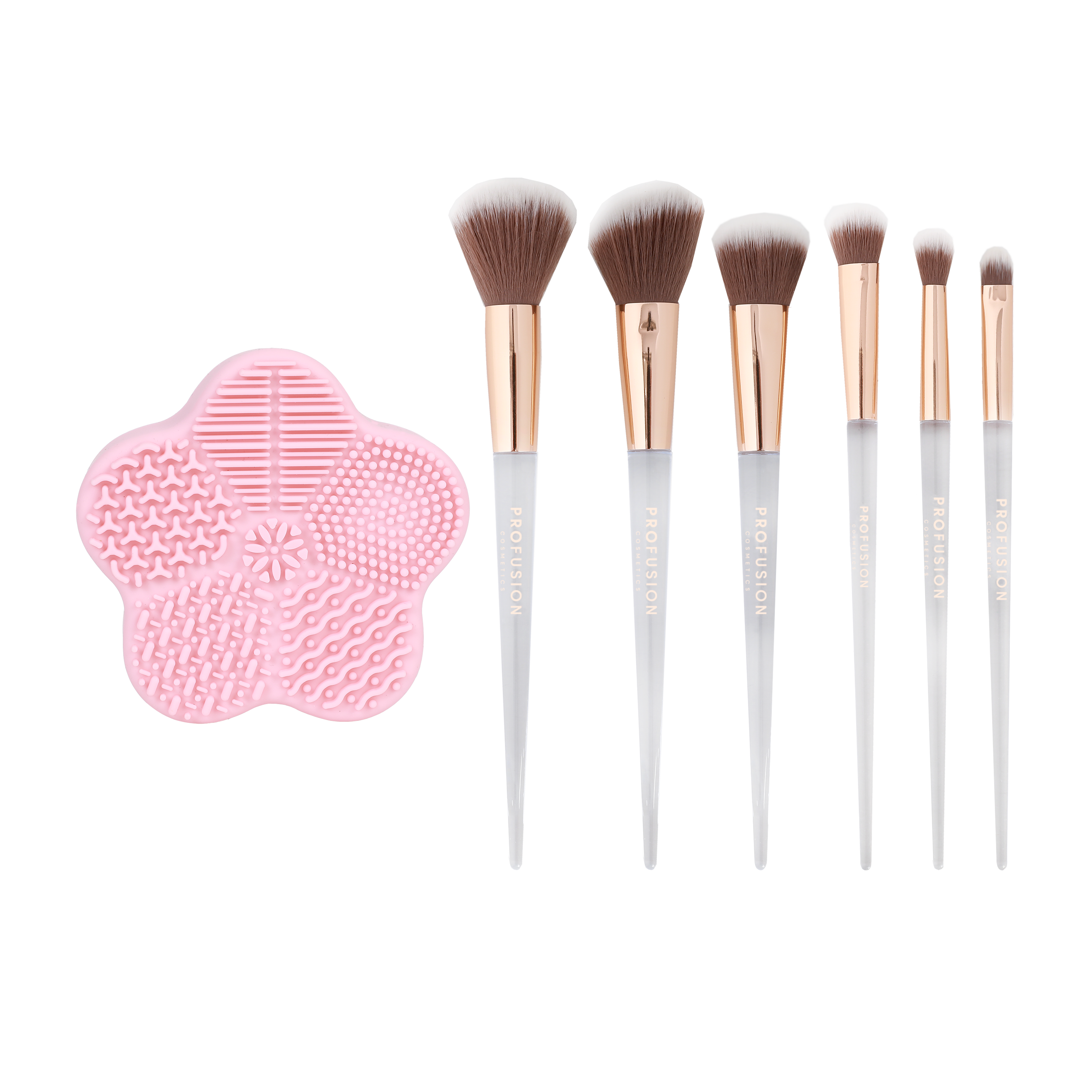 Set of seven Profusion Cosmetics Frosted Snow Sparkle makeup brushes with cleaning mat, featuring elegant handles and soft bristles.