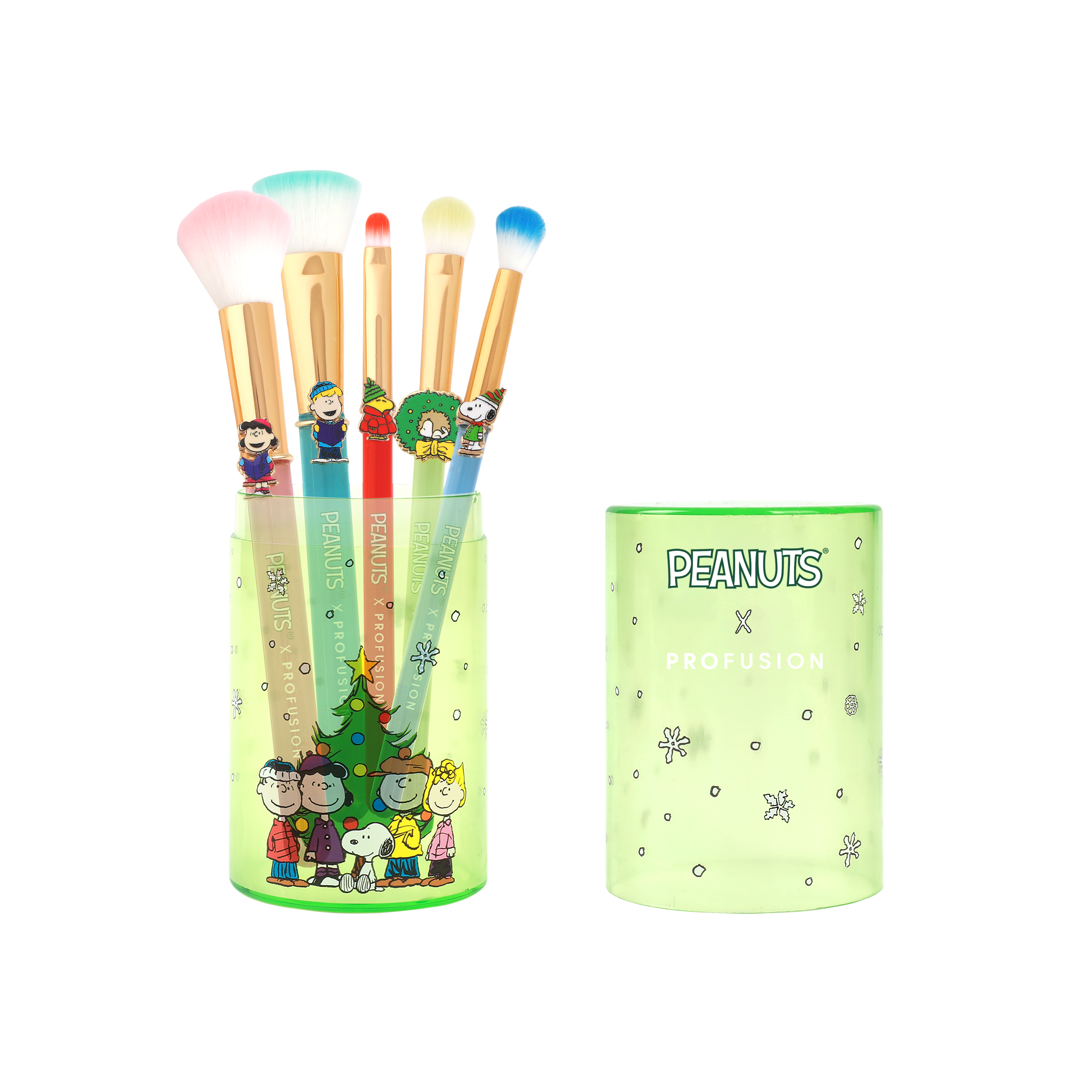 Profusion Cosmetics Peanuts Holiday Merry & Bright brush set with case, featuring colorful brushes and festive packaging.