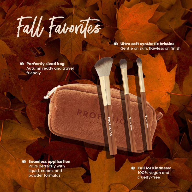 Profusion Cosmetics Pumpkin Spice cinnamon stick face and eye brush set with a matching bag, 3-piece makeup brush collection.