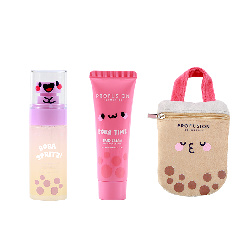 Profusion Cosmetics Let's Get Some Boba bundle set with body spritz, hand lotion, and reusable pouch on a white background.