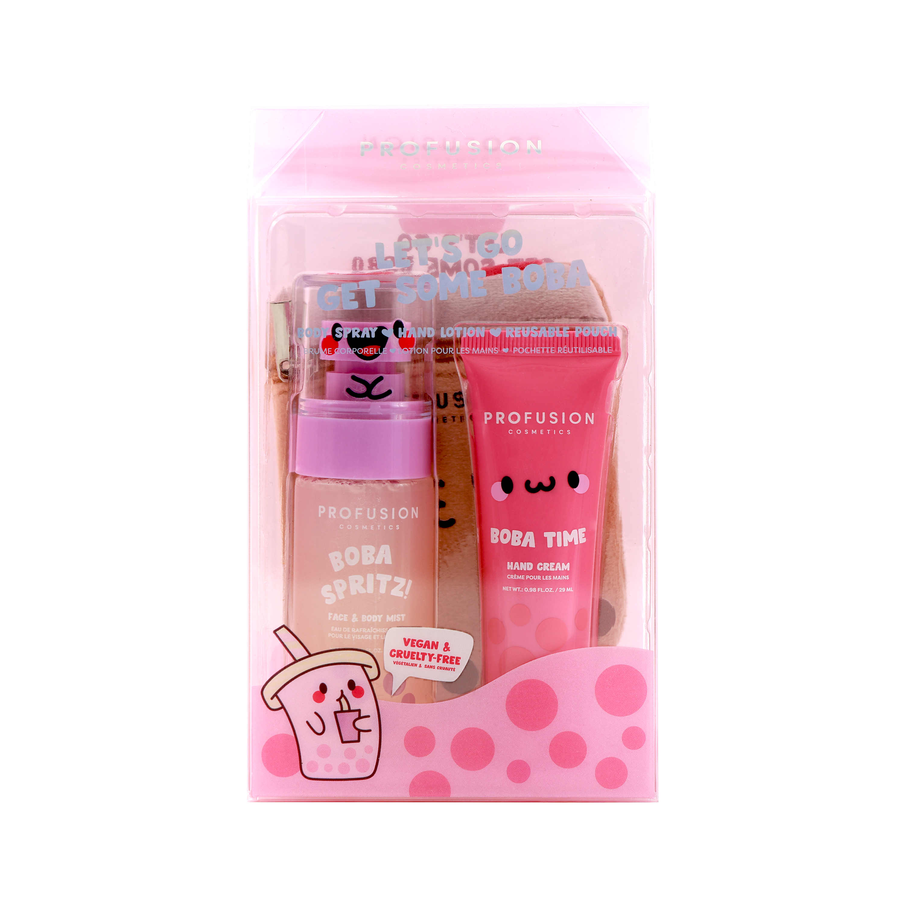 Profusion Cosmetics Let's Get Some Boba bundle set with body spritz, hand lotion, and reusable pouch in colorful packaging.