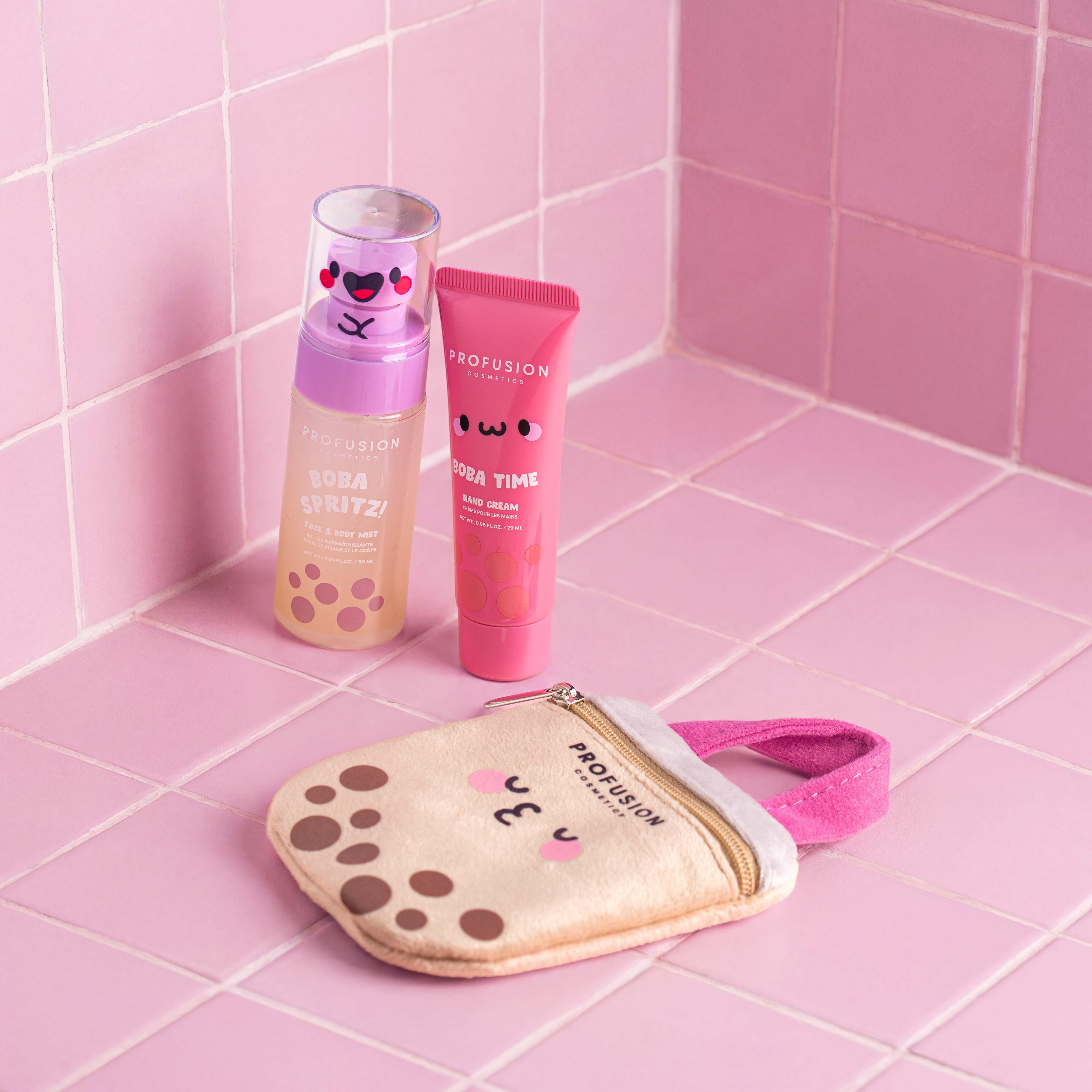 Profusion Cosmetics Let's Get Some Boba bundle set with body spritz, hand lotion, and reusable pouch, displayed on a white background.
