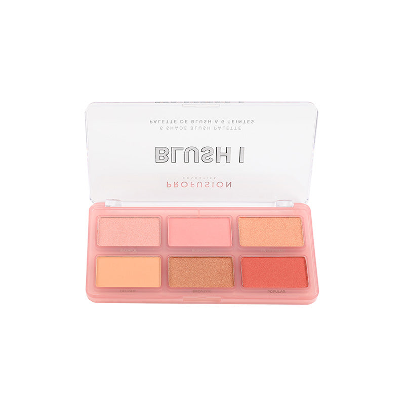 Profusion Cosmetics Blush 6 Shade Face Palette with a variety of pink and peach blushes in a sleek compact.