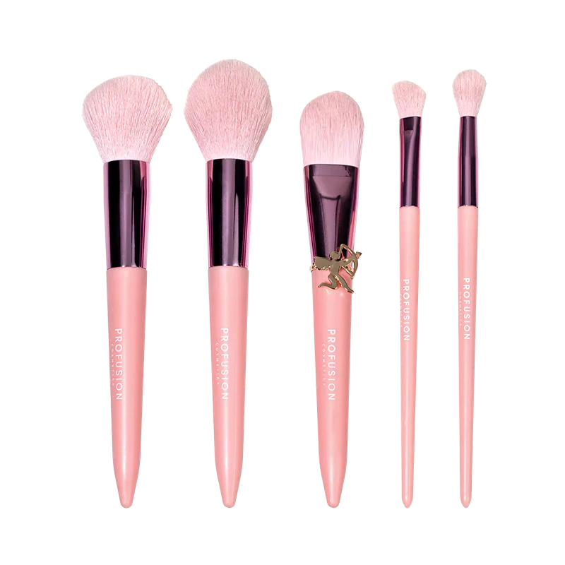 Profusion Cosmetics Dear Cupid Struck By Love 5-piece face and eye brush set with soft bristles and sleek handles displayed in the image.