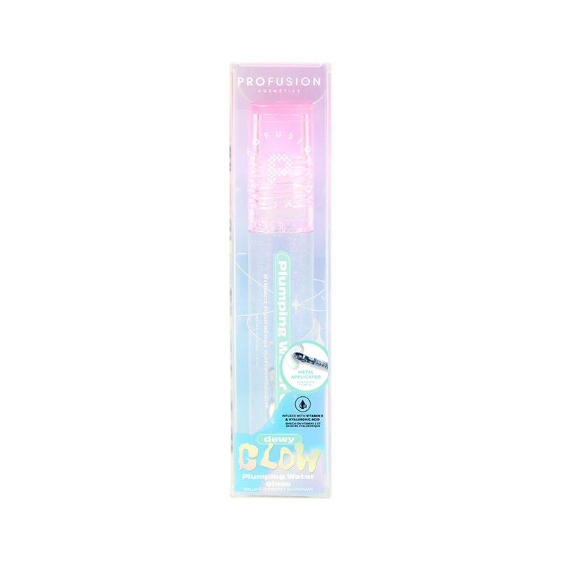Profusion Cosmetics Dewy Glow Plumping Water Gloss in clear tube, glossy lip gloss with hydrating, shiny finish.