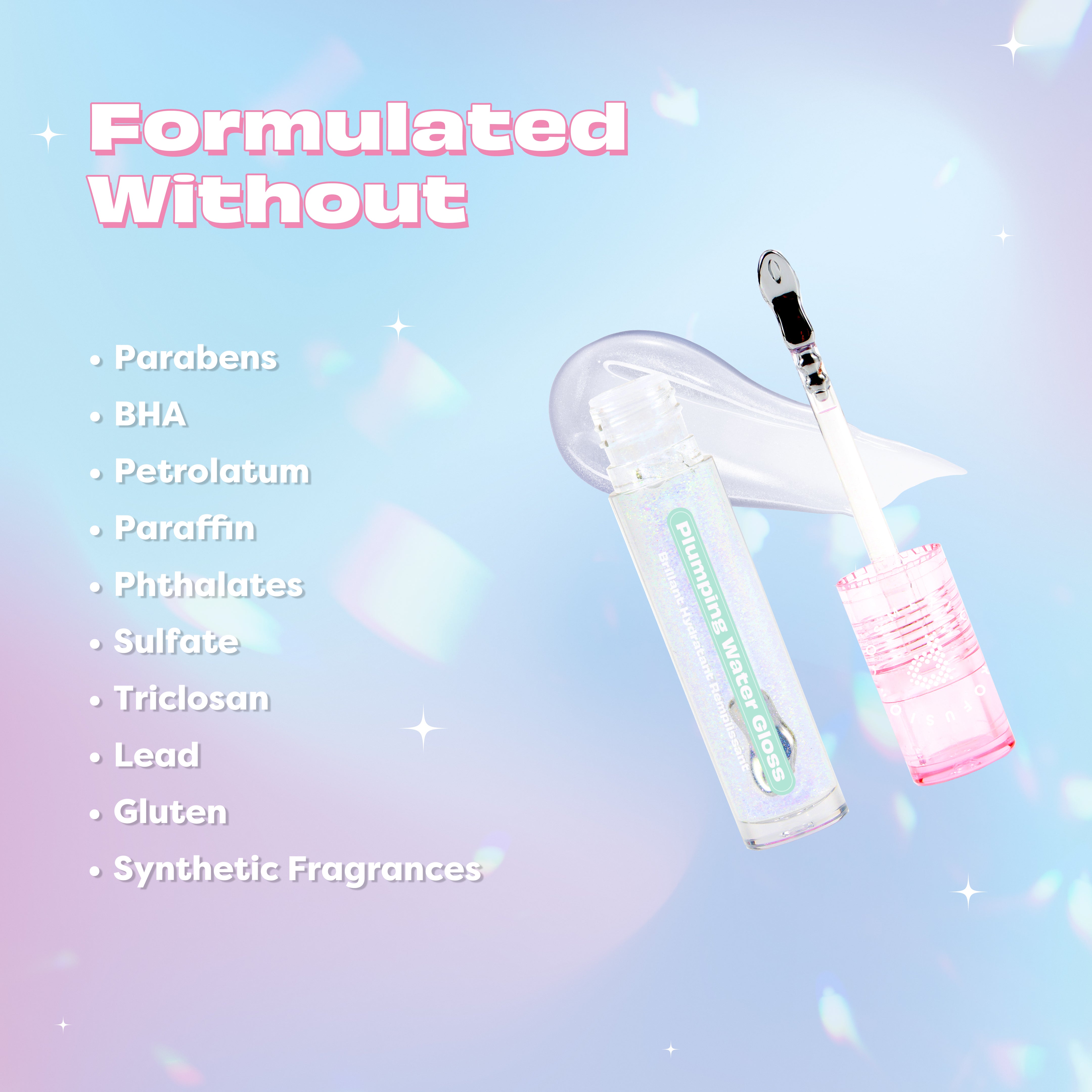 Infographic showing Profusion Cosmetics Dewy Glow Plumping Water Gloss with glossy finish and hydrating formula.