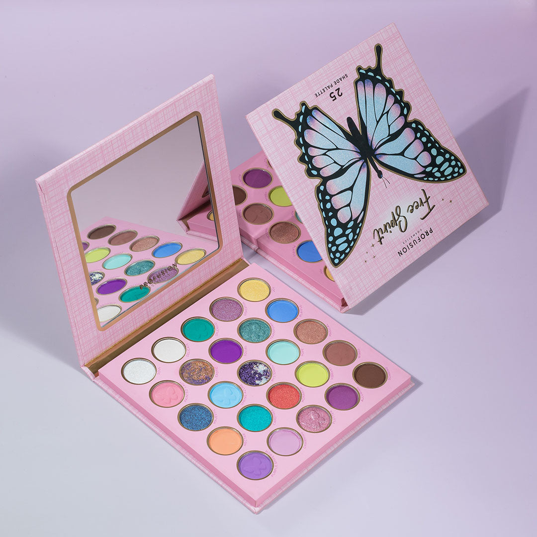 Profusion Cosmetics Empowered Butterfly Free Spirit 25-shade eyeshadow palette with vibrant and neutral colors on a white background.