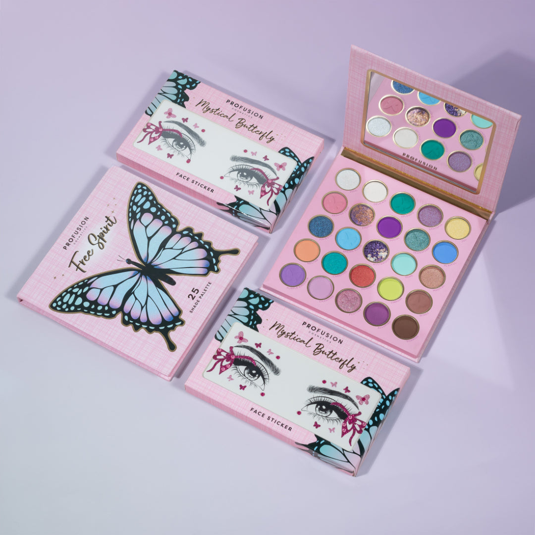 Profusion Cosmetics Empowered Butterfly Free Spirit 25-shade eyeshadow palette with vibrant and neutral colors in a decorative case.