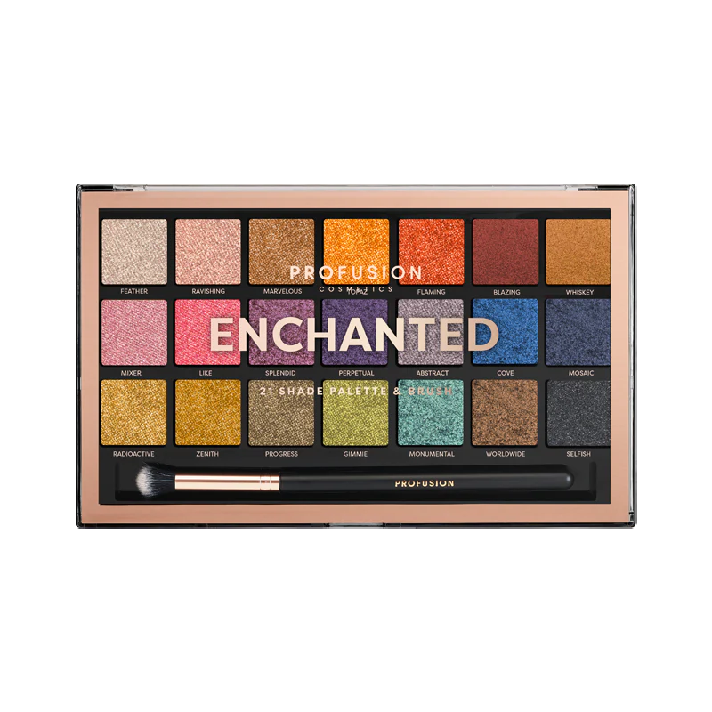 Profusion Cosmetics Enchanted eyeshadow palette with colorful shades arranged in a sleek compact.