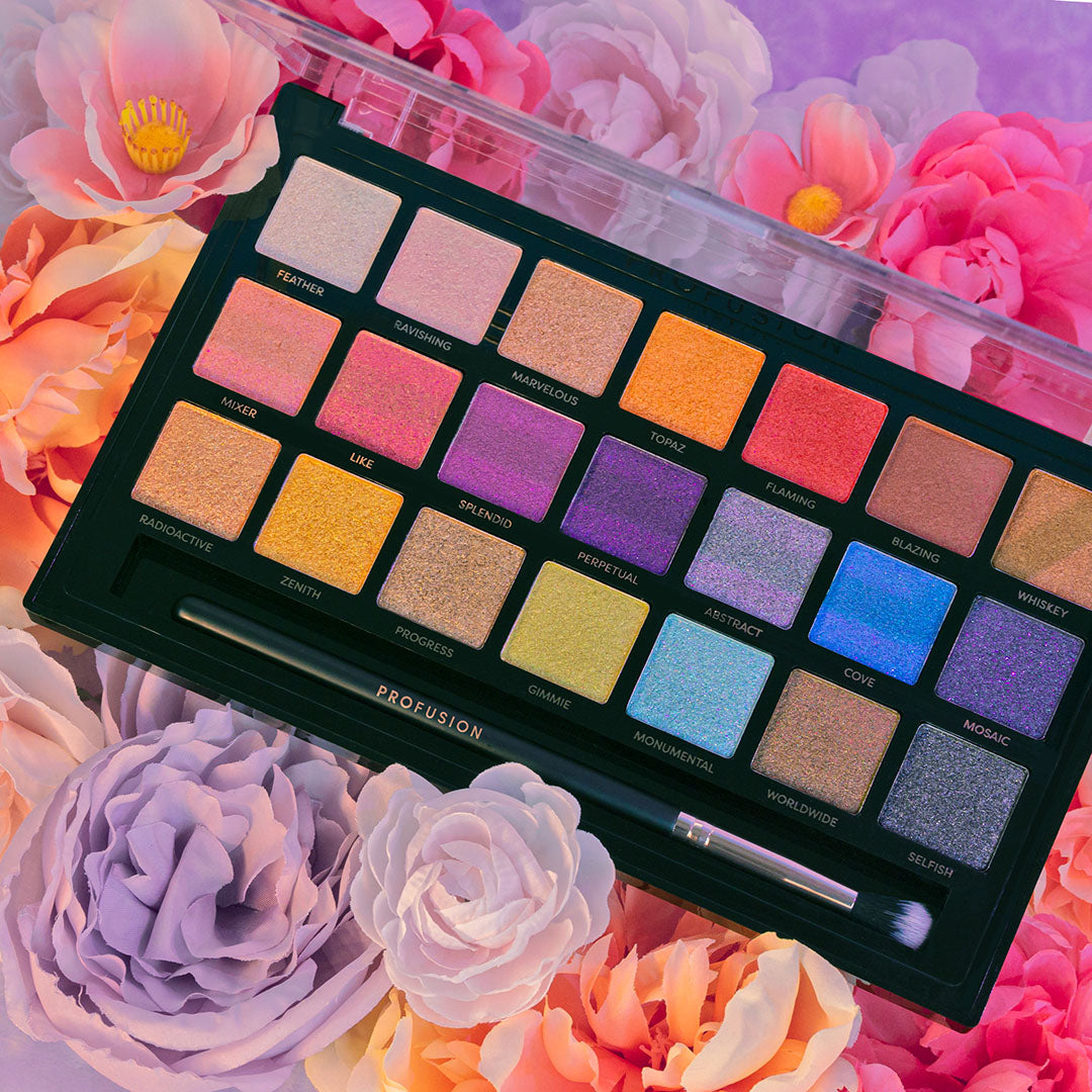 Profusion Cosmetics Enchanted eyeshadow palette with colorful shades and intricate designs for creative eye makeup looks.
