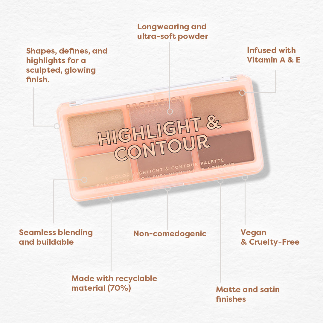 Profusion Cosmetics Highlight & Contour 6 Shade Face Palette with various highlighter and contour shades in a compact palette.