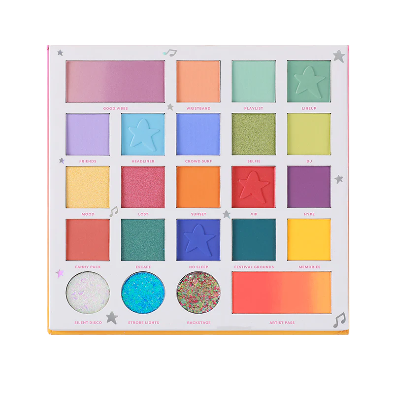 Profusion Cosmetics It's a Vibe Mainstage 23-Shade Palette with vibrant eyeshadows in various colors and finishes.