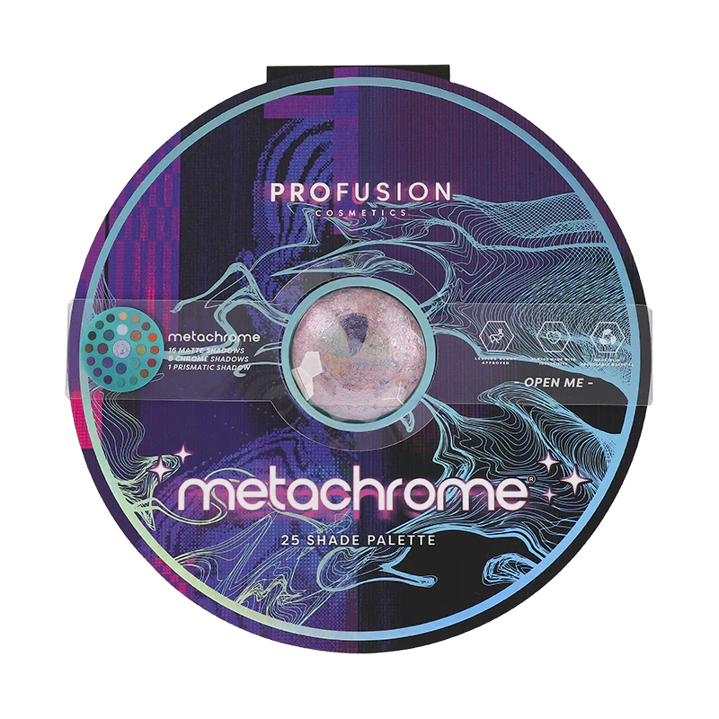 Profusion Cosmetics Metachrome 25-shade palette with vibrant, colorful eyeshadows in a sleek rectangular case.