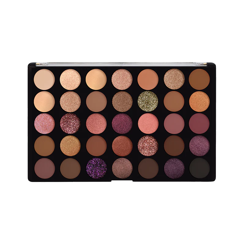 Profusion Cosmetics minimalist 35-shade eyeshadow palette with neutral and colorful hues in sleek compact.