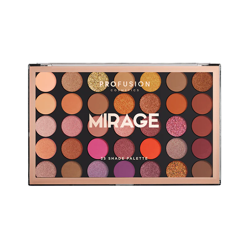 Mirage eyeshadow palette by Profusion Cosmetics featuring a variety of shimmering and matte shades in a sleek compact.