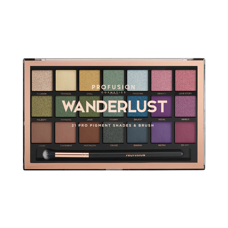 Profusion Cosmetics Wanderlust eyeshadow palette with vibrant and earthy shades for creative makeup looks.