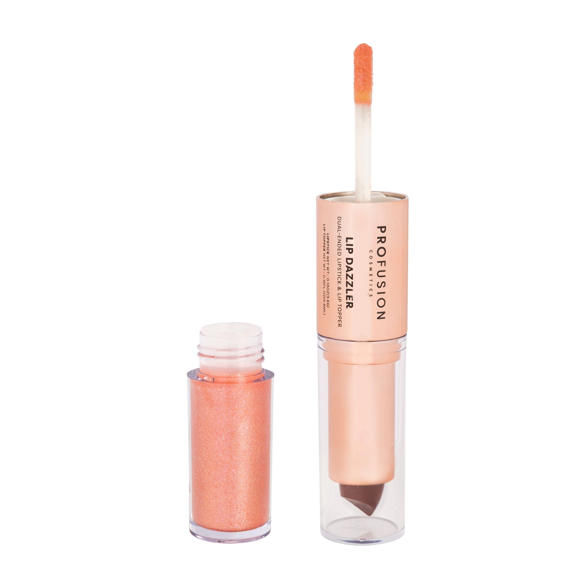 Profusion Cosmetics Lip Dazzlers in divine sparkle with shimmering, glossy finish on a neutral background