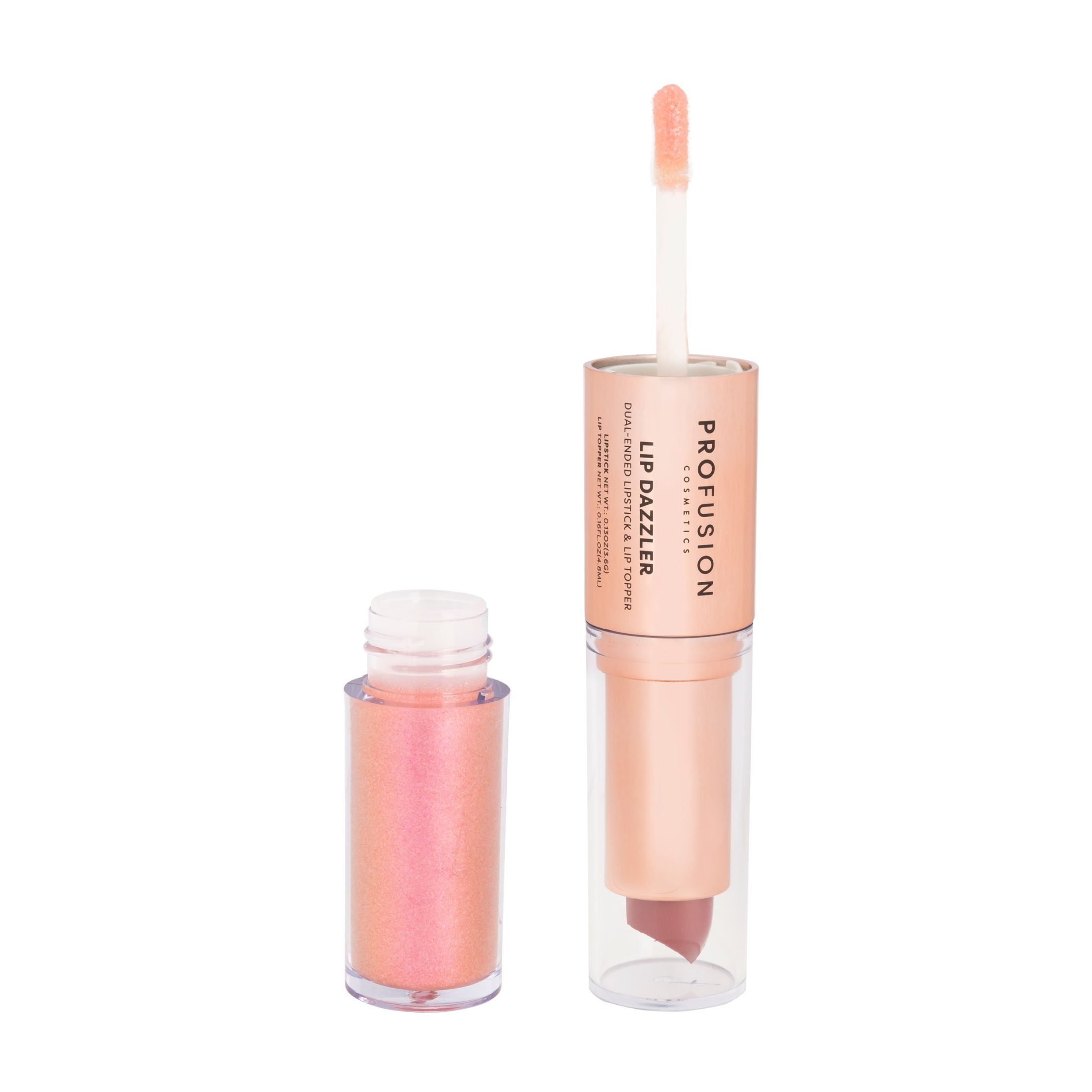 Profusion Cosmetics Lip Dazzlers with shimmering, sparkling lip gloss in a clear container showing the glittery product inside.