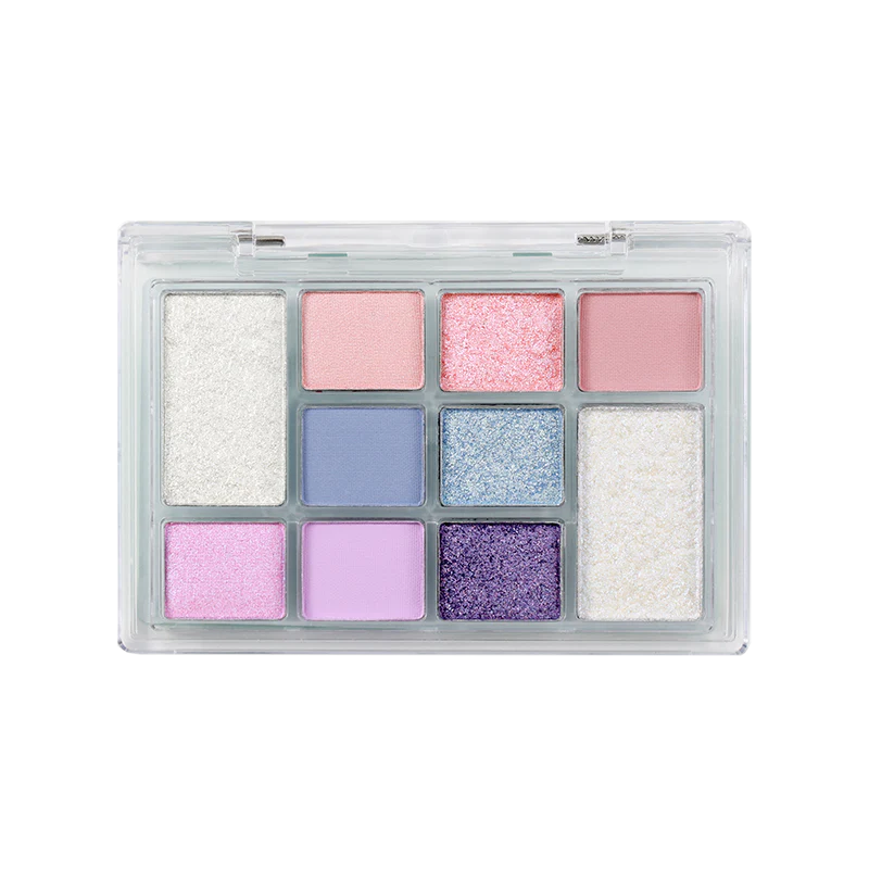 Open Profusion Cosmetics 10 Shade Eye Palette with colorful eyeshadow pans arranged in a sleek compact.