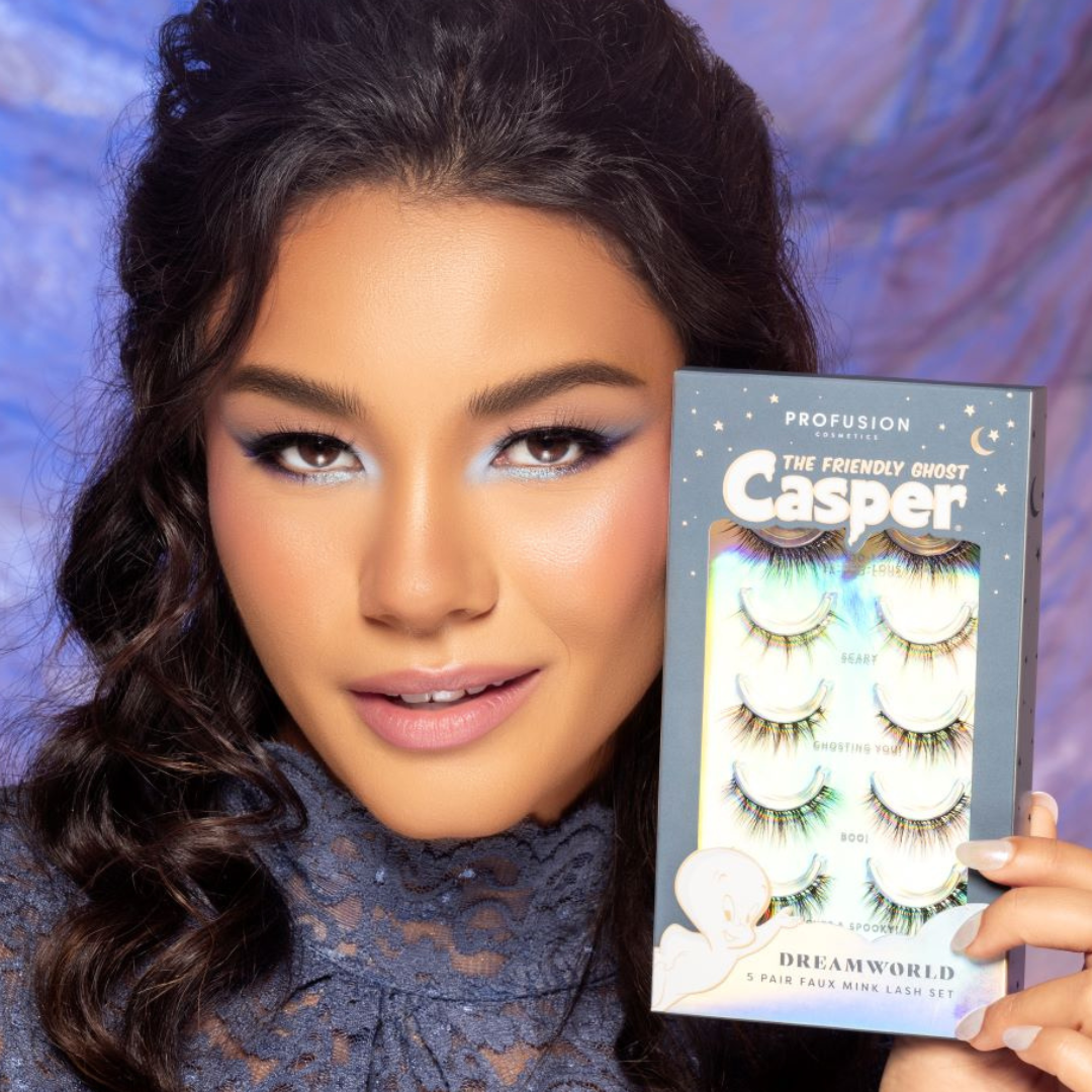 Profusion Cosmetics Casper The Friendly Ghost faux mink eye lash set with five pairs, natural black lash style with volume and length.