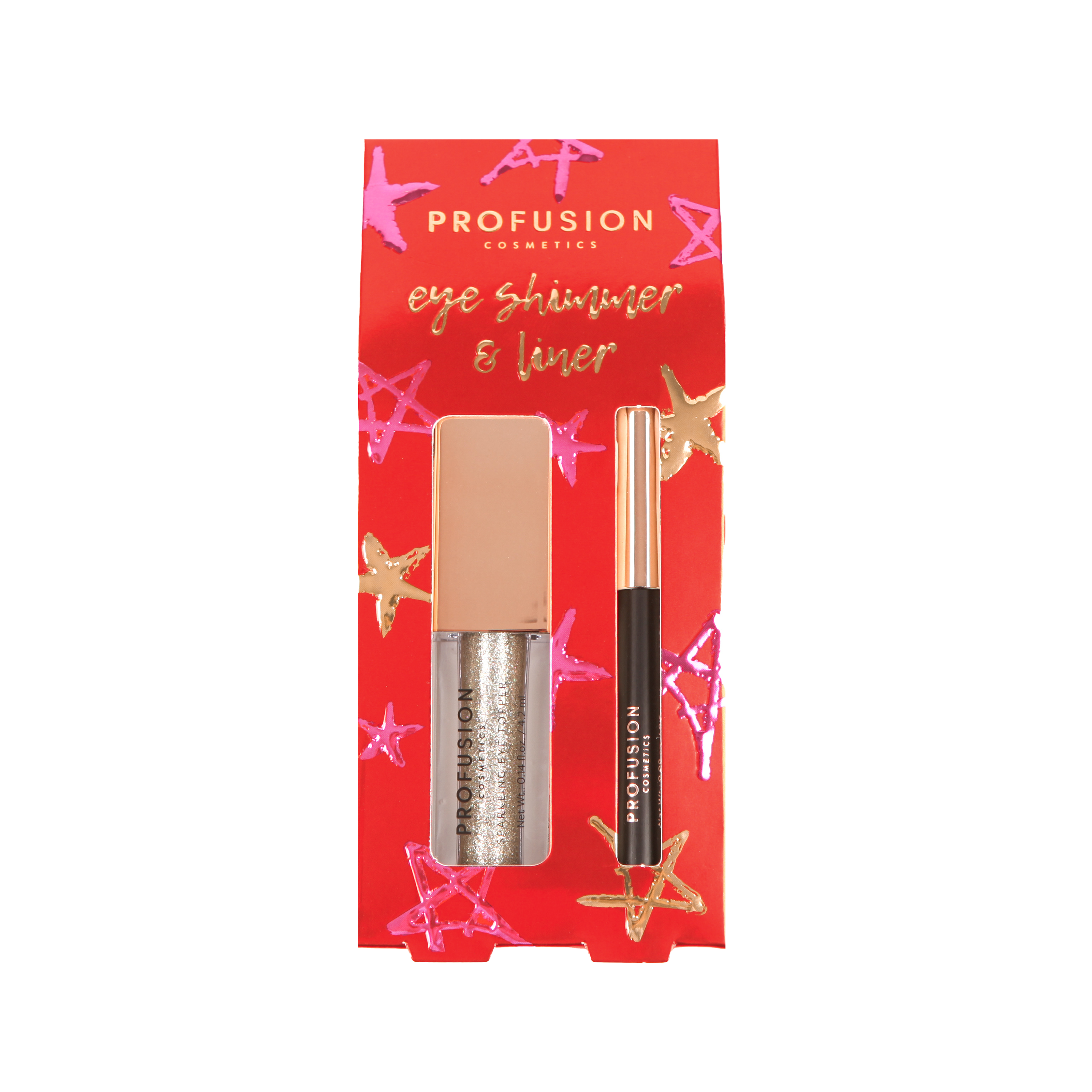 Profusion Cosmetics Crimson Eye Shimmer and Eye Liner 2-piece set with shimmering eye shadow and eyeliner pencils.