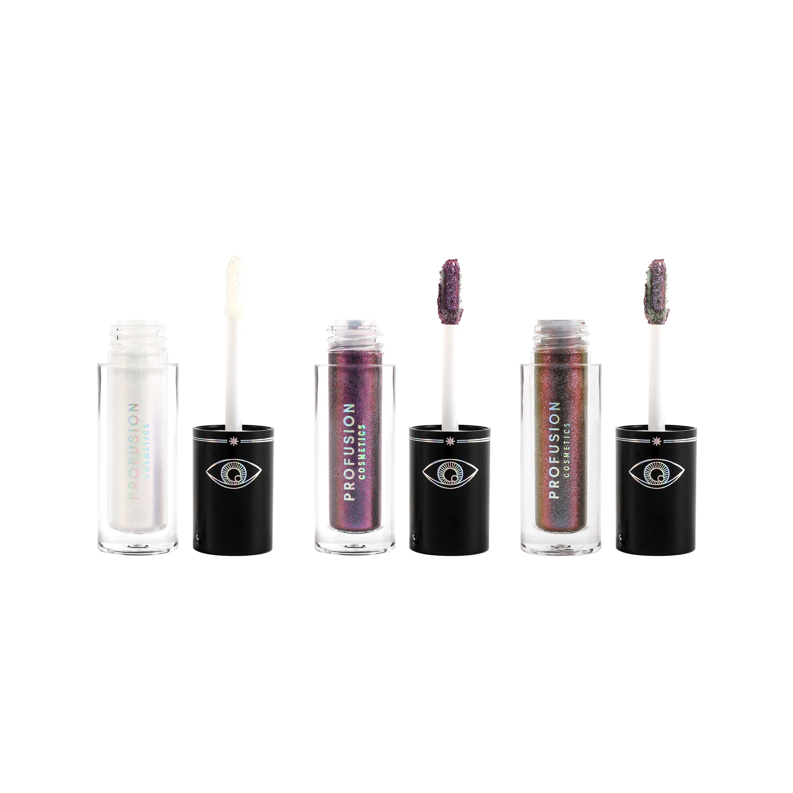 Profusion Cosmetics Evil Eye Chrome Liquid Topper Set featuring eye-shaped metallic and shimmering eye makeup toppers.