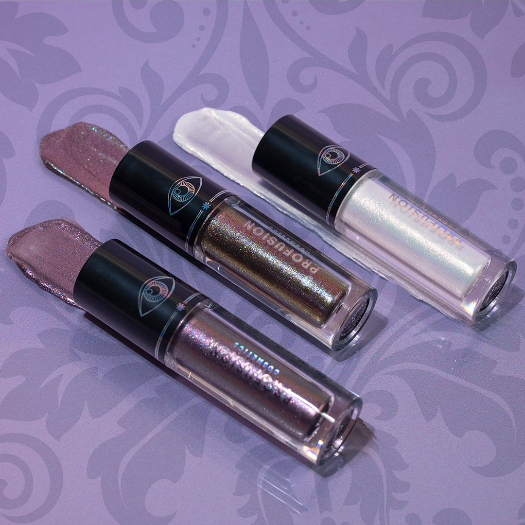 Evil Eye Chrome Liquid Topper Set by Profusion Cosmetics featuring eye makeup with iridescent chrome and shimmering finishes.