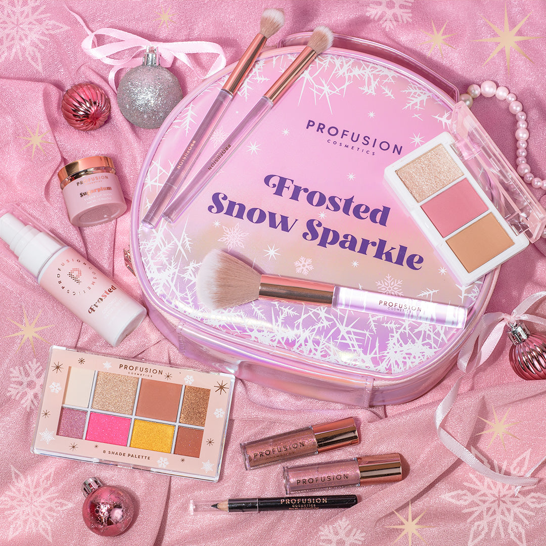 Profusion Cosmetics Frosted Snow Sparkle 19-piece eye makeup palette with shimmering eyeshadows and eye products.