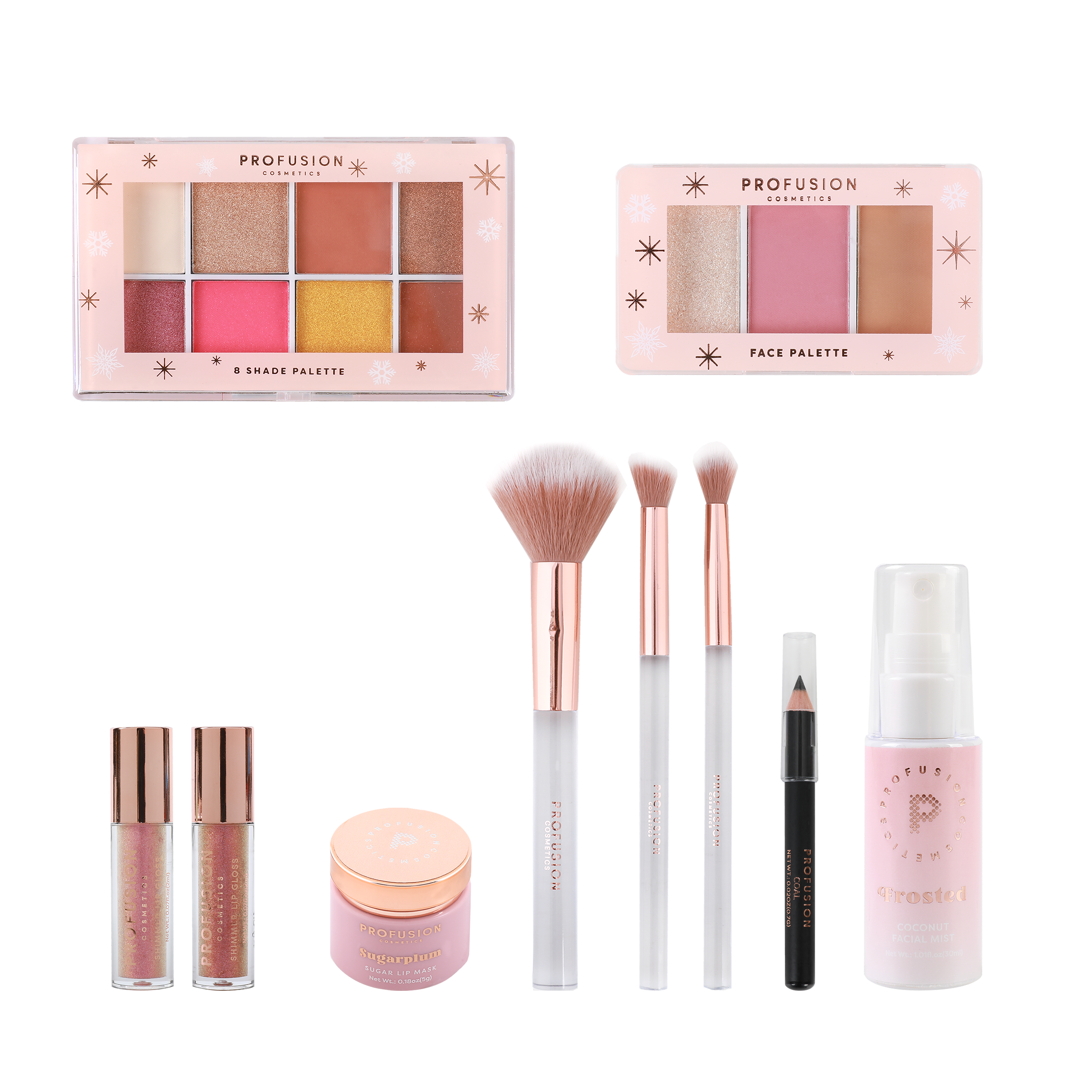 Profusion Cosmetics Frosted Snow Sparkle 19-piece eye makeup beauty box with shimmering eyeshadows and eye products.