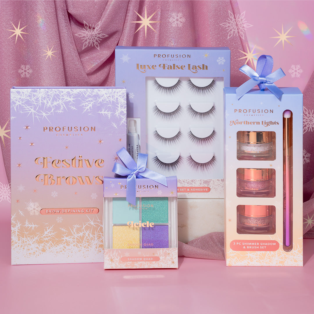 Frosted Snow Sparkle false eye lashes set with four pairs of luxe lashes by Profusion Cosmetics, featuring a sparkling, frosted design.