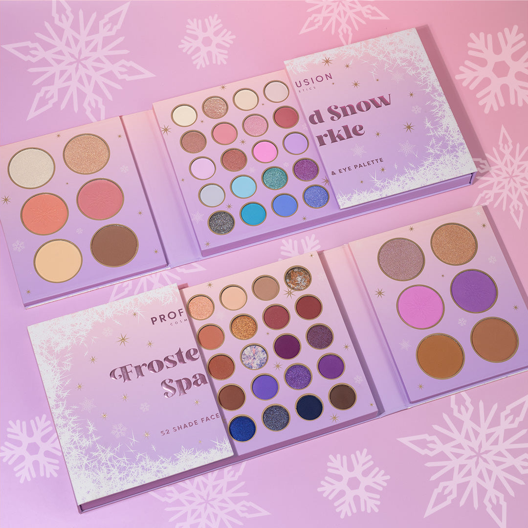 Profusion Cosmetics Frosted Snow Sparkle 52-shade face and eye palette with shimmering eyeshadows and face highlighters.