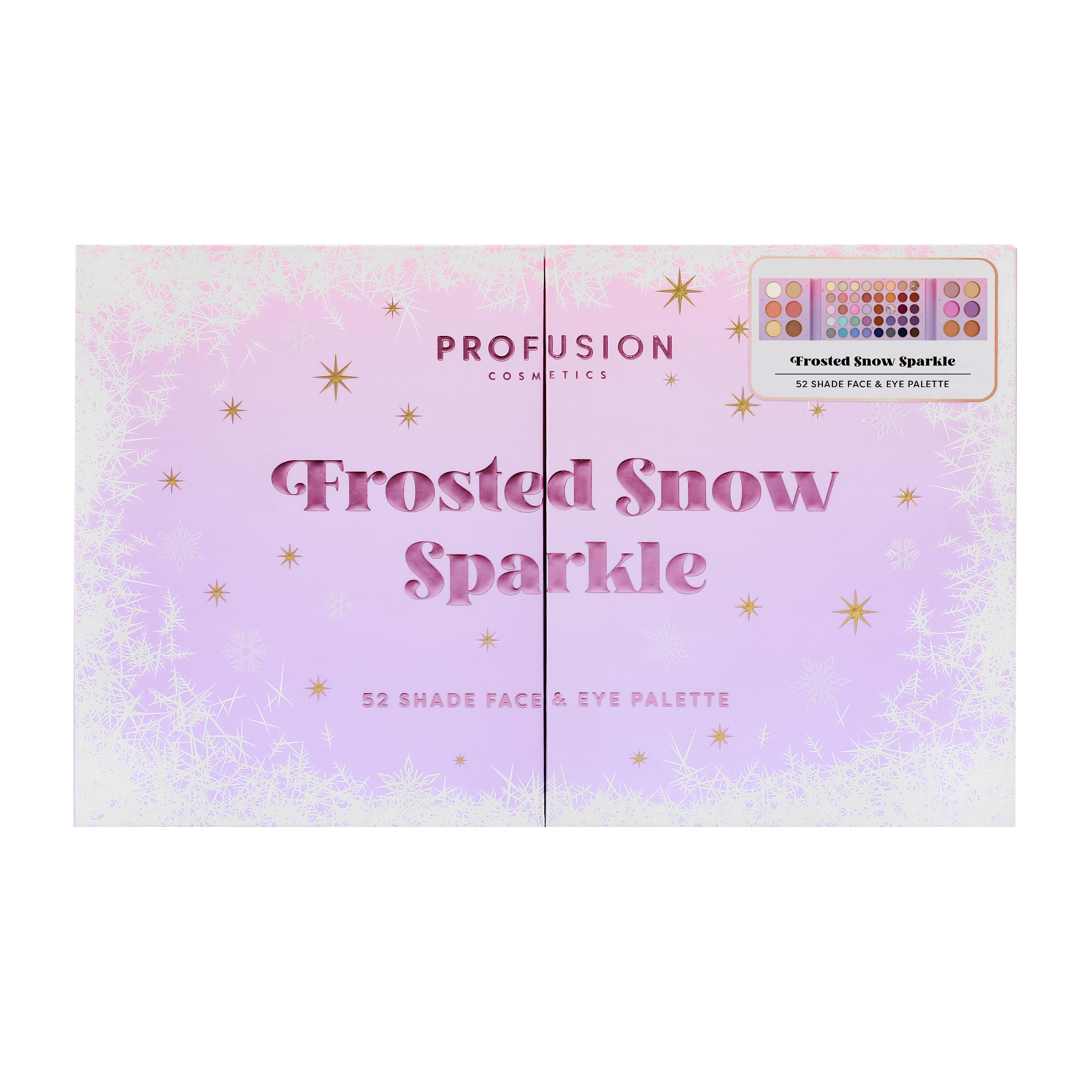 Profusion Cosmetics Frosted Snow Sparkle 52-shade face and eye palette with shimmering eyeshadows and face highlighters.