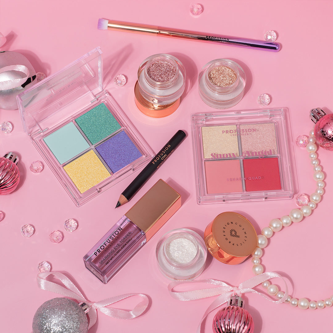 Profusion Cosmetics Frosted Snow Sparkle Snow Angel Eyeshadow applied on eyelid, shimmering frosted white with glittery finish.