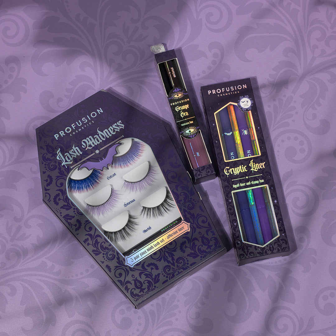 Profusion Cosmetics Lash Madness faux mink lash set with adhesive, featuring three pairs of natural-looking eye lashes.