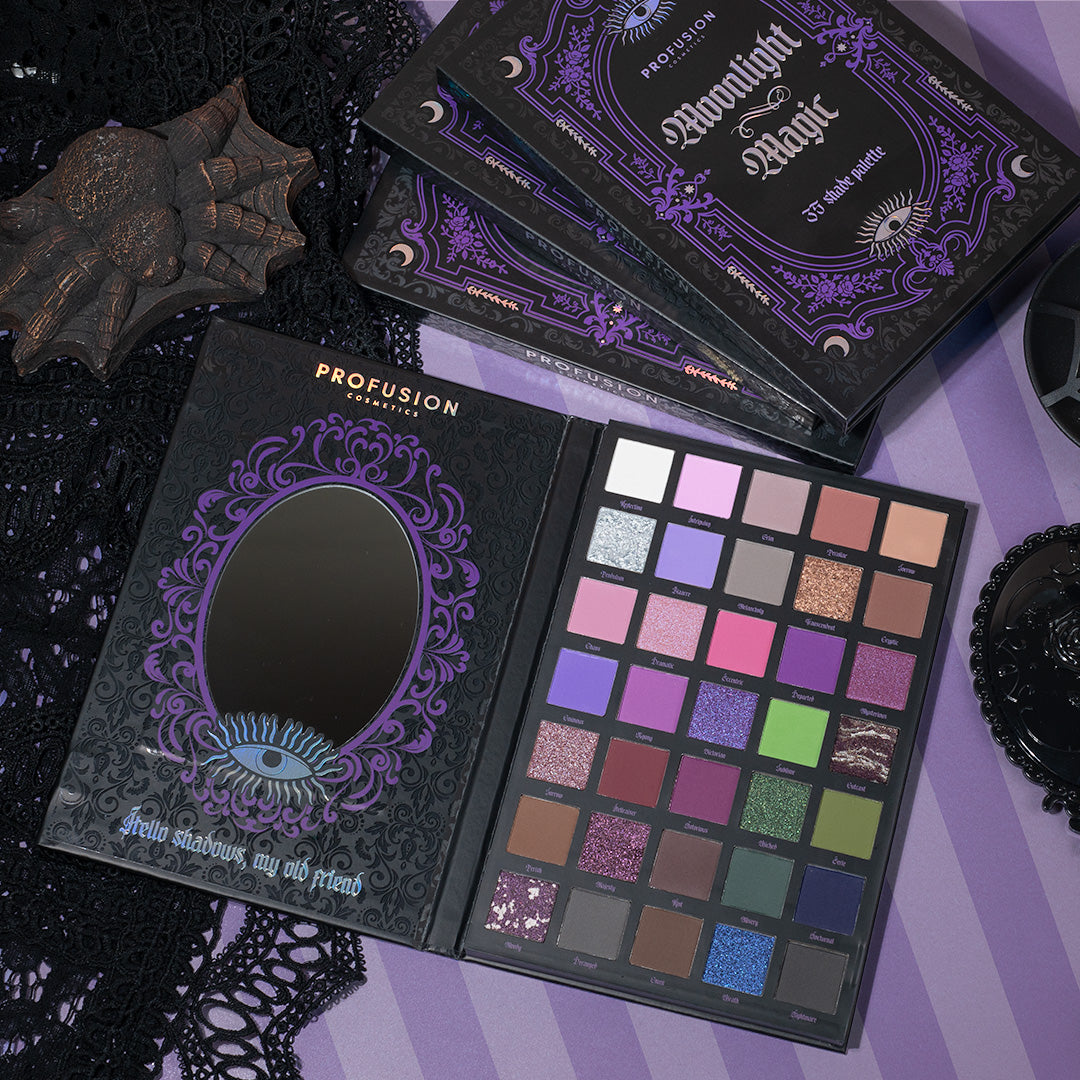 Profusion Cosmetics Moonlight Magic 35 Shade Eye Palette with shimmering and matte eyeshadows in a sleek compact.