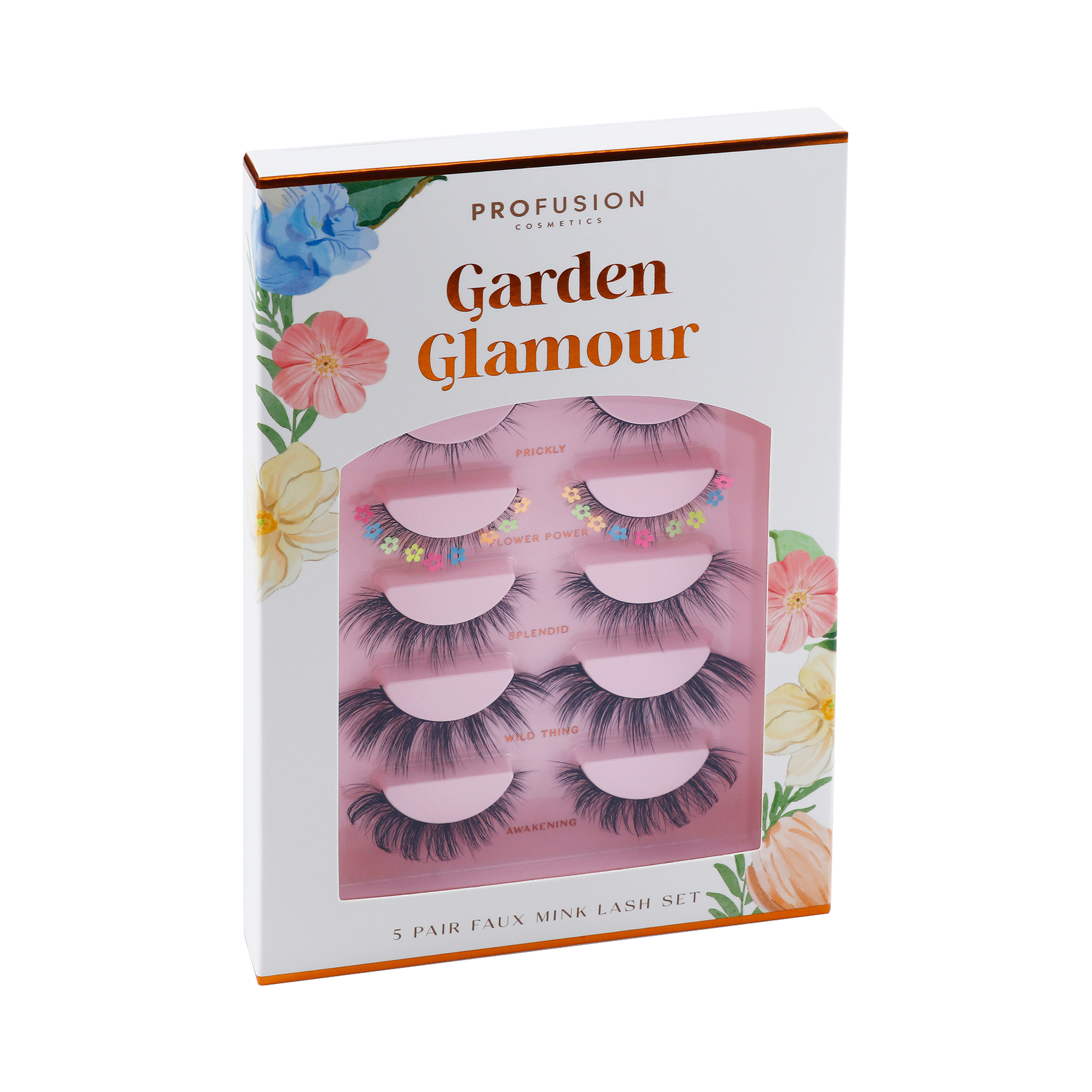 Profusion Cosmetics Petal Perfect Garden Glamour faux mink lash set with 5 pairs of eye lashes, natural and voluminous for a glam look.