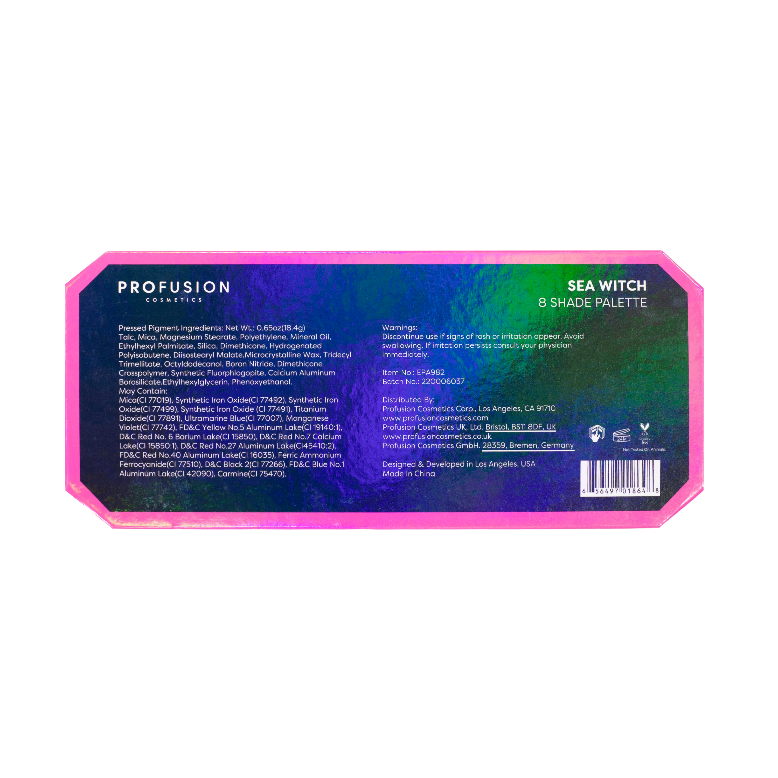 Profusion Cosmetics Sea Witch 8 Shade Eye Palette with vibrant, shimmery and matte eyeshadows in ocean-inspired colors.