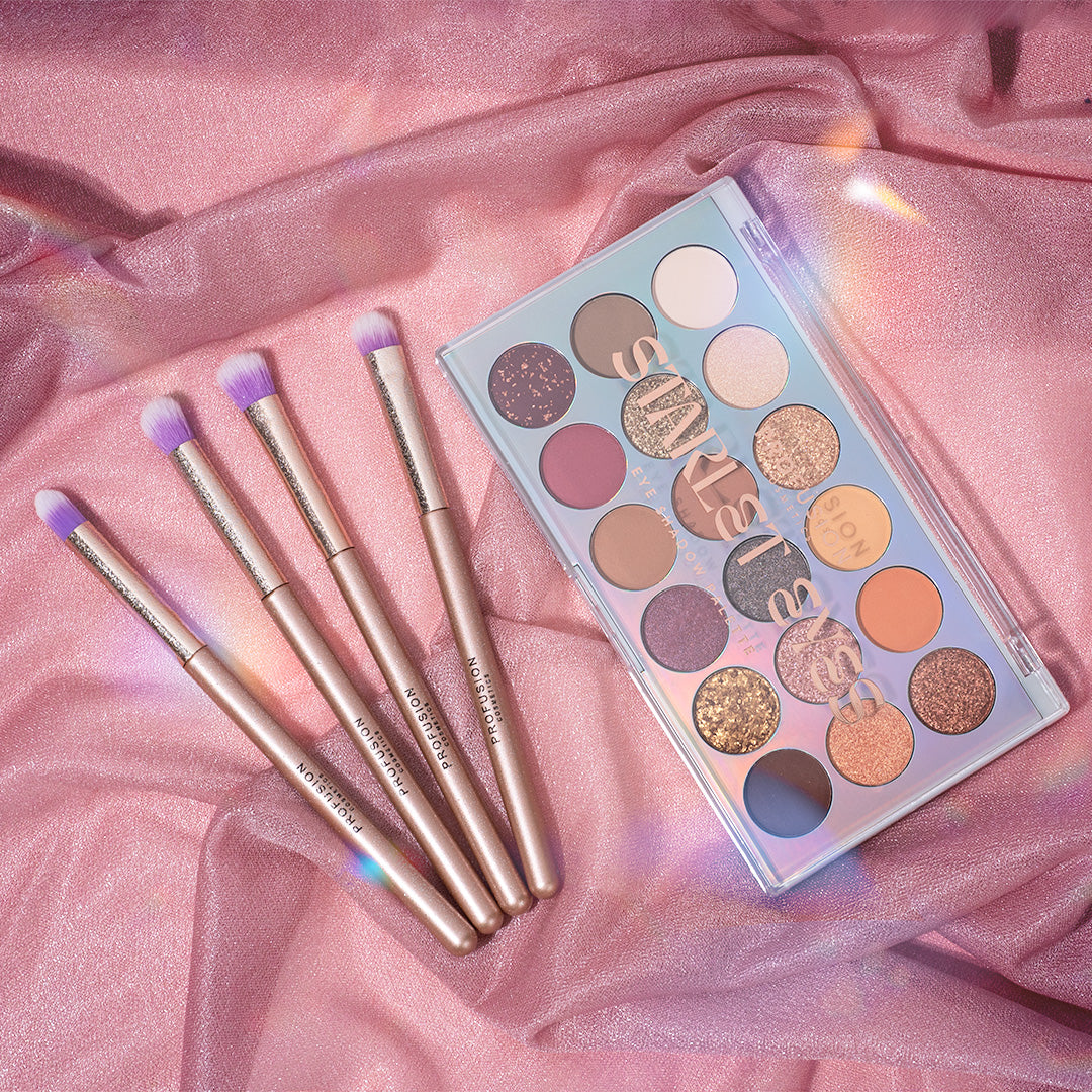 Profusion Cosmetics Starlet Eyes 5-piece eye palette and brush set with vibrant eyeshadows and applicators displayed.