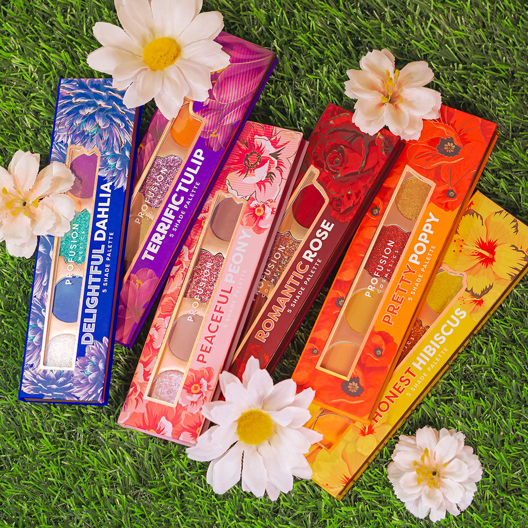 Profusion Cosmetics Blooming Hues 5 Shade Eye Palette with romantic rose tones and soft, blendable eyeshadow shades.