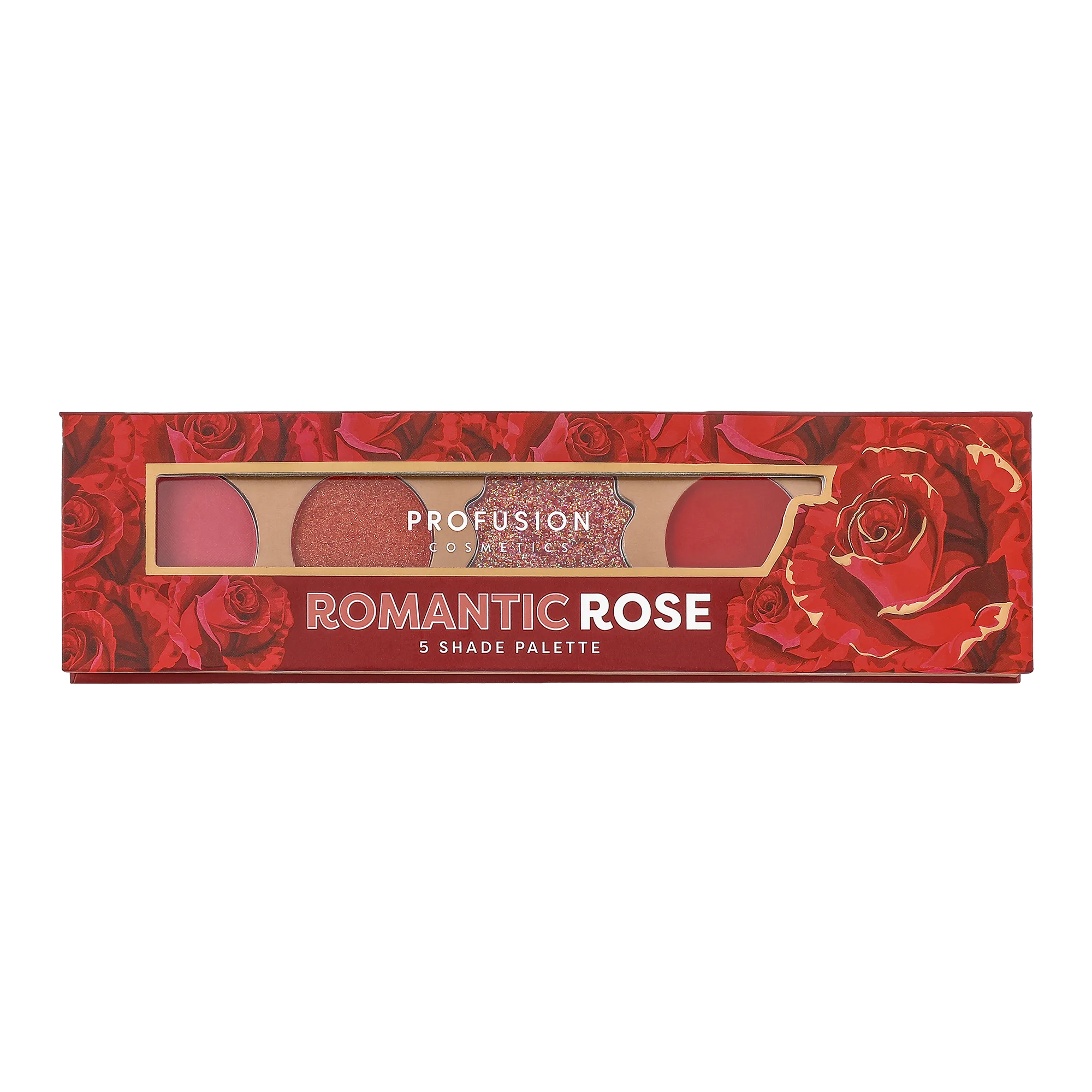 Profusion Cosmetics Blooming Hues 5-shade eye palette with romantic rose tones and soft, blendable eyeshadows.