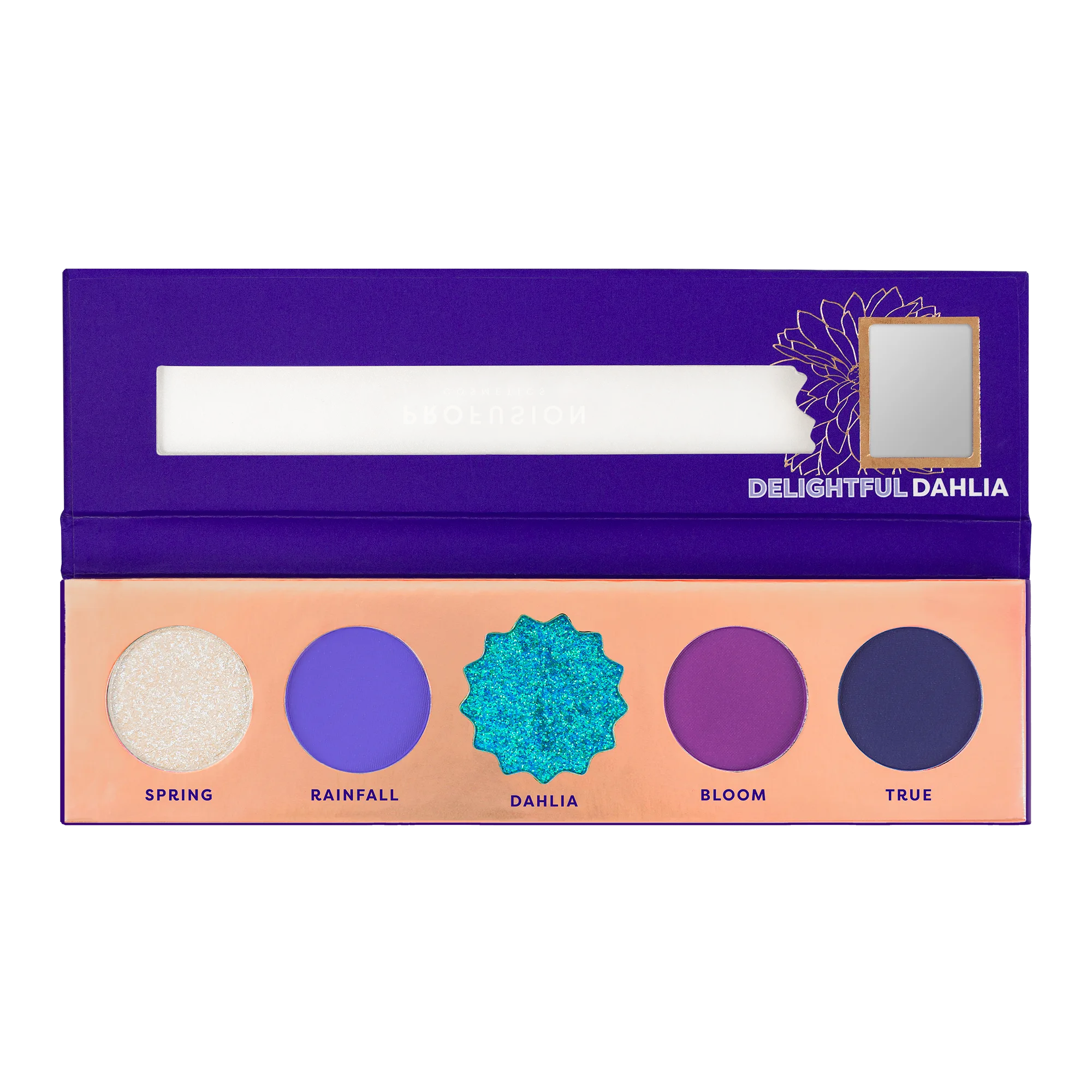 Profusion Cosmetics Blooming Hues 5 Shade Eye Palette with romantic rose-toned eyeshadows on a neutral background.