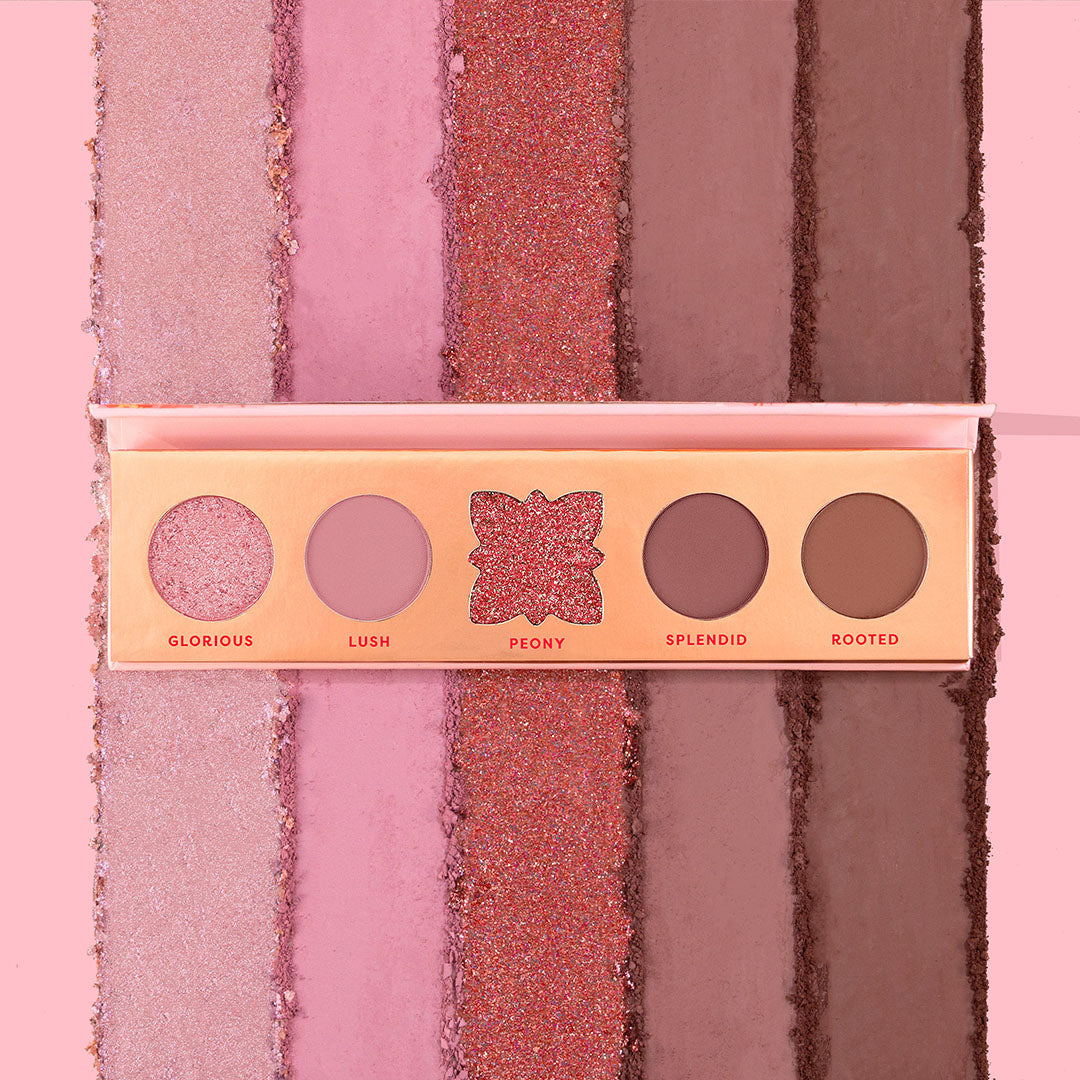 Profusion Cosmetics Blooming Hues 5-shade eye palette with romantic rose tones and soft, blendable eyeshadow colors.