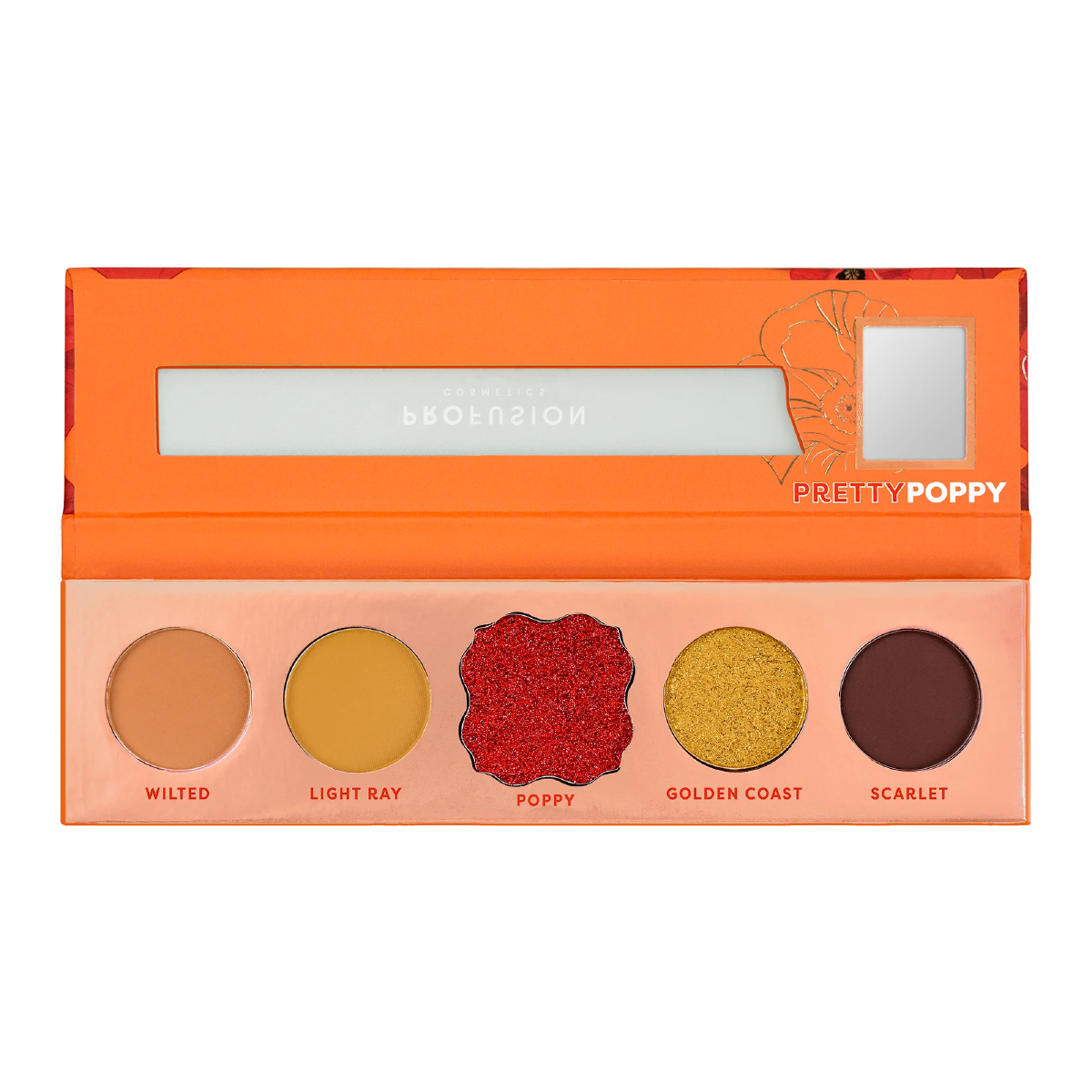 Profusion Cosmetics Blooming Hues 5-shade eye palette with romantic rose-toned eyeshadows on a neutral background.
