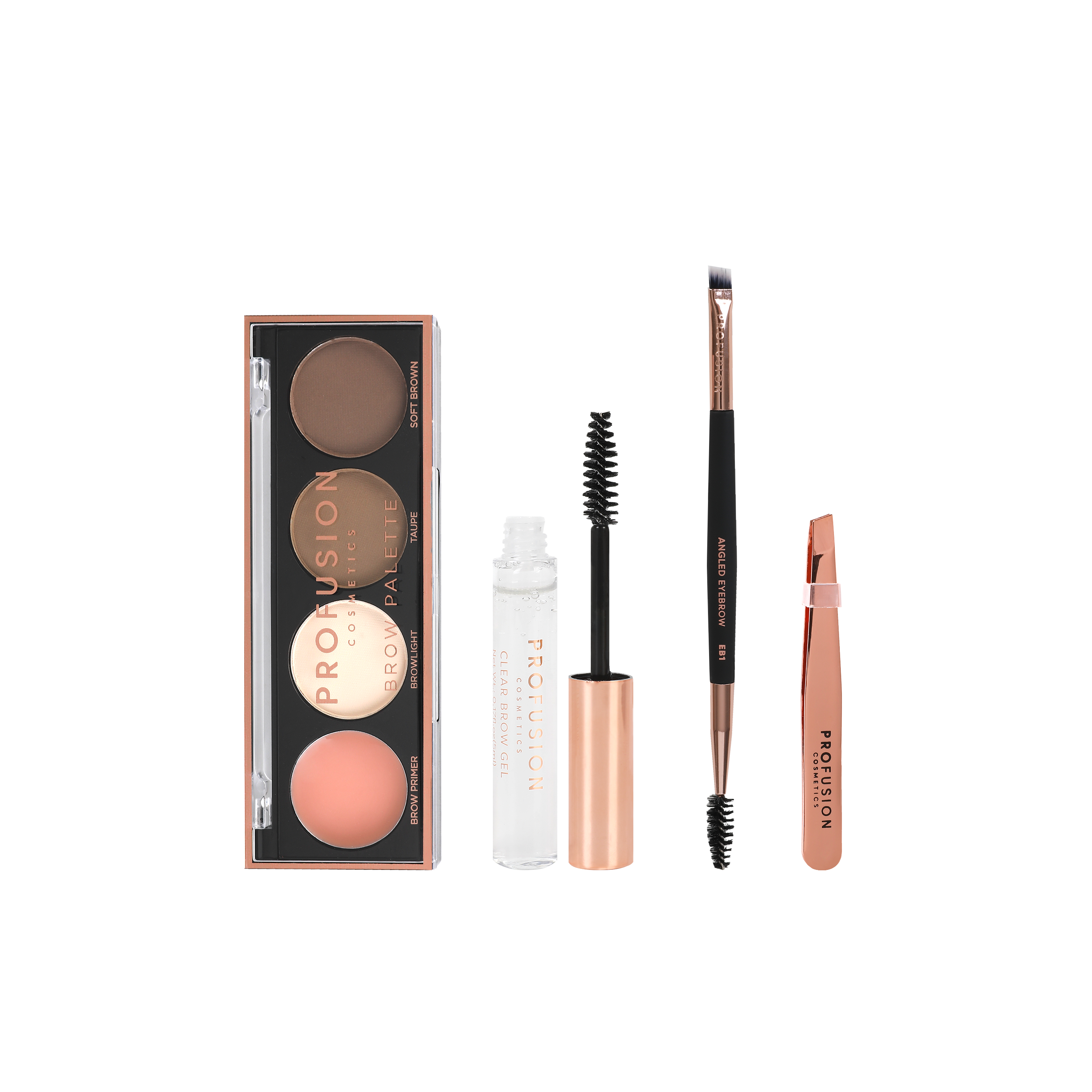 Profusion Cosmetics Frosted Snow Sparkle Festive Brows Defining Kit with eyebrow powders and brushes for a sparkling holiday look.
