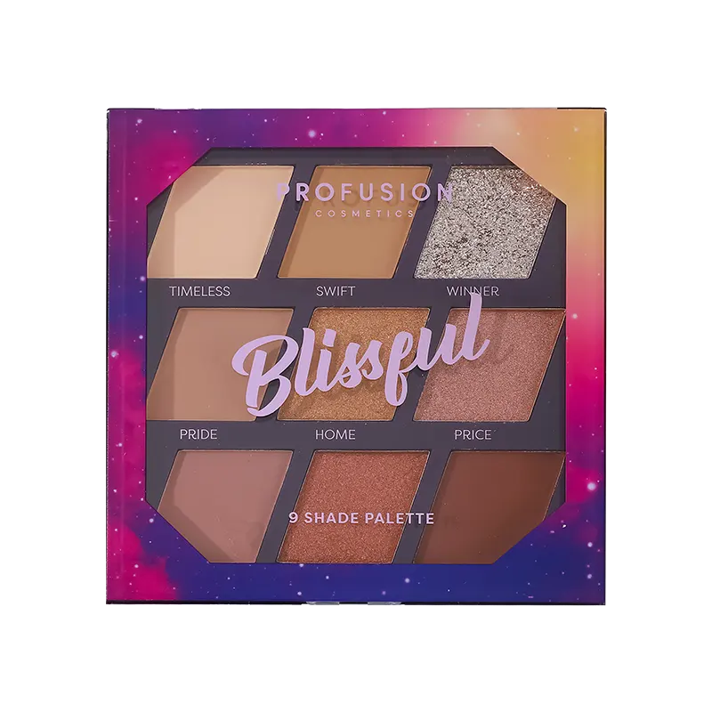 Profusion Cosmetics Euphoric Glam Blissful 9-shade eyeshadow palette with vibrant and neutral colors for versatile eye looks.