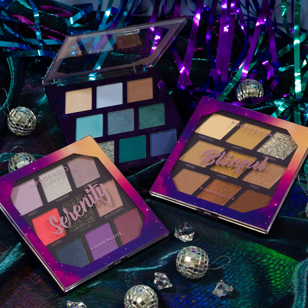 Profusion Cosmetics Euphoric Glam 9-shade eyeshadow palette with vibrant and neutral tones for versatile eye looks.