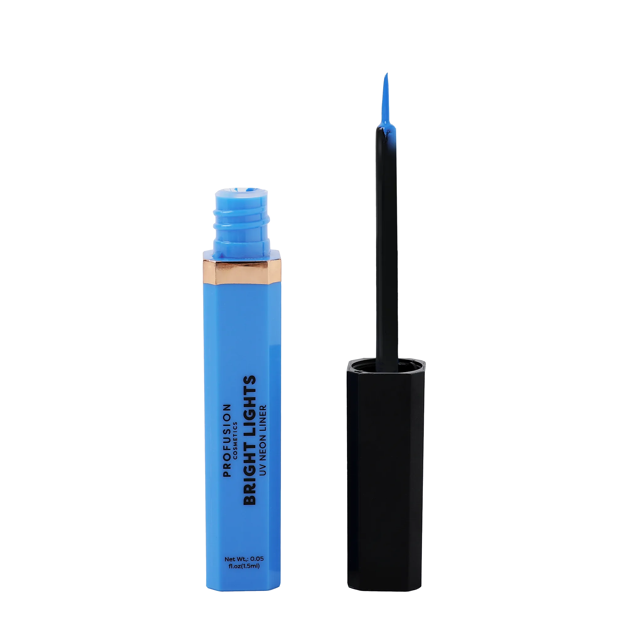 Bright Lights neon and pastel graphic eyeliner from Profusion Cosmetics, featuring vibrant blue eye makeup with bold, colorful lines.