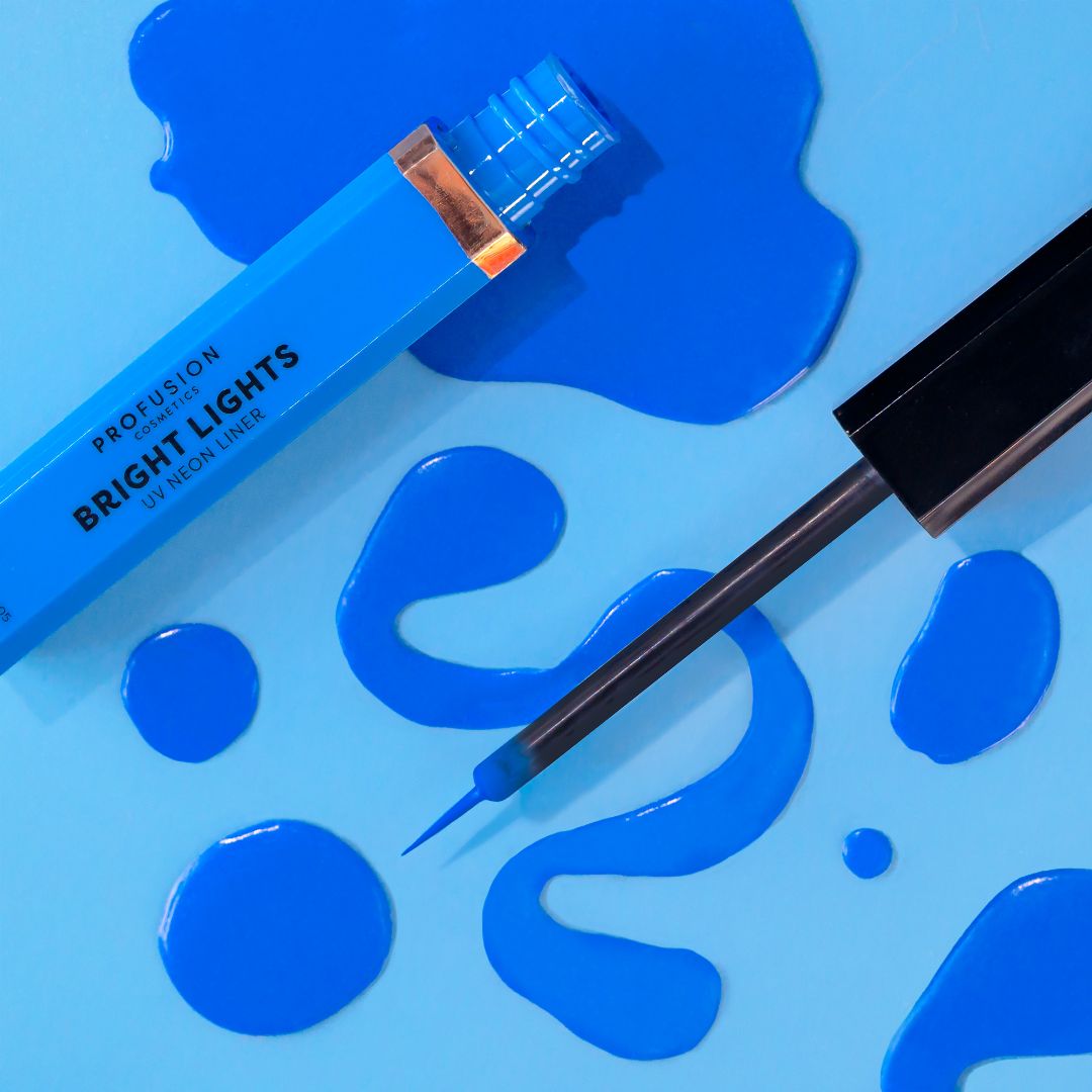 Bright Lights neon and pastel graphic eyeliner from Profusion Cosmetics, blue eye makeup with vibrant, colorful liner details.