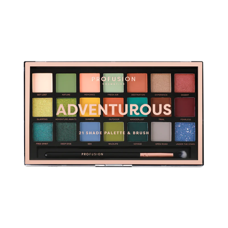 Profusion Cosmetics 21 Shade Eyeshadow Palette Adventurous with vibrant and neutral colors arranged in a sleek palette.
