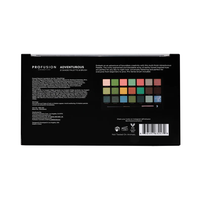 Profusion Cosmetics 21 Shade Eyeshadow Palette Adventurous with various colorful shades and neutral tones for versatile eye makeup.